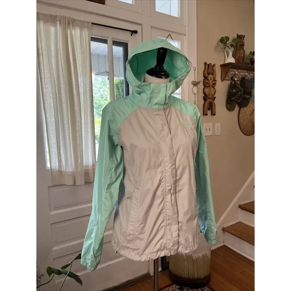 The North Face Jacket Womens S Full Zip Windbreaker Rain Coat Teal Gray Classic